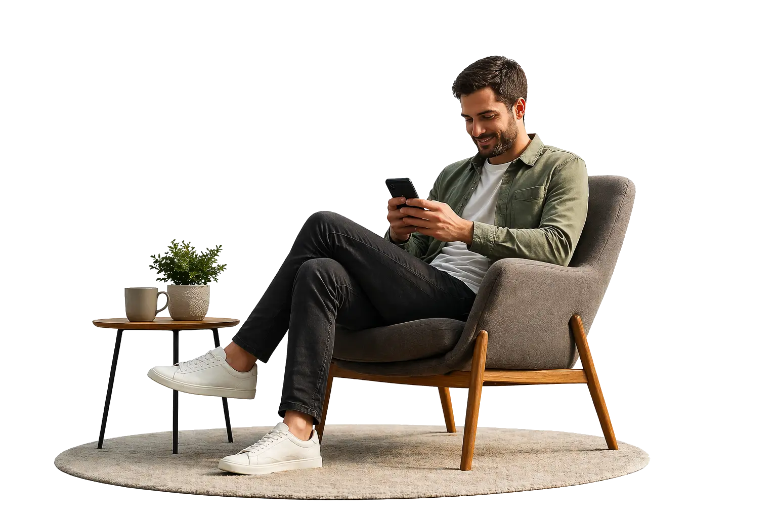 Person relaxing in an armchair, browsing investment options on their smartphone